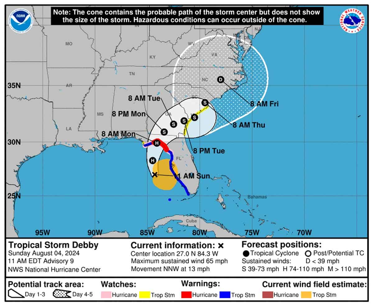 Tormenta Tropical Debby se Intensifica: Pronóstico Para las Próximas Horas