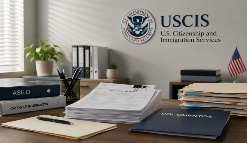 Documentos relacionados con una solicitud de asilo en Estados Unidos sobre un escritorio de oficina con referencia visual a USCIS.