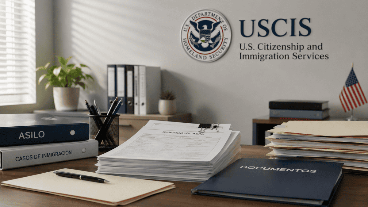 Documentos relacionados con una solicitud de asilo en Estados Unidos sobre un escritorio de oficina con referencia visual a USCIS.