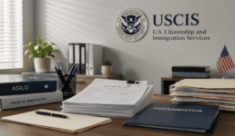 Documentos relacionados con una solicitud de asilo en Estados Unidos sobre un escritorio de oficina con referencia visual a USCIS.