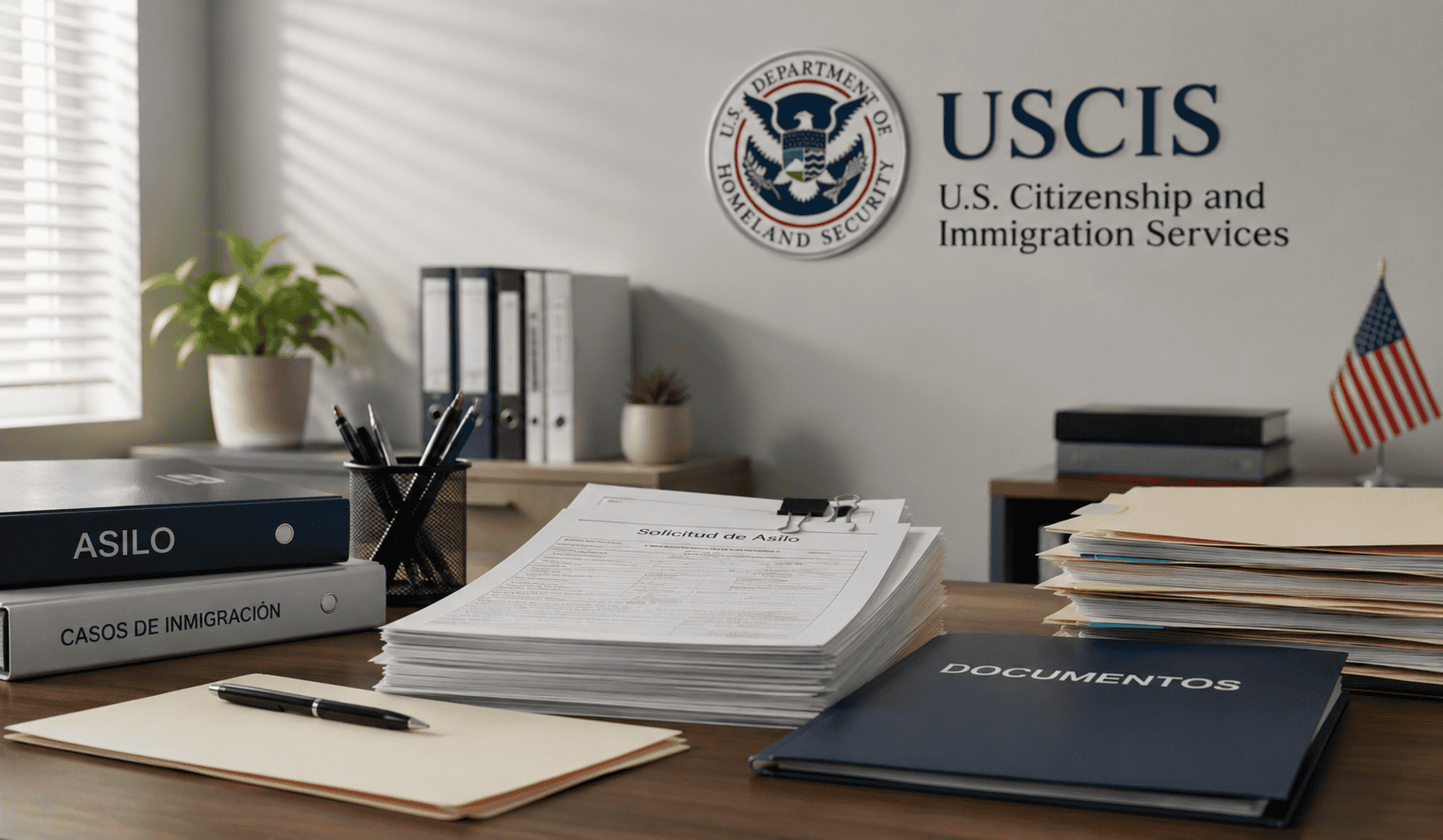Documentos relacionados con una solicitud de asilo en Estados Unidos sobre un escritorio de oficina con referencia visual a USCIS.