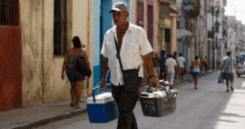 Vendedor ambulante recorriendo una calle de Cuba mientras el país estudia crear un carné oficial para regular esta actividad.