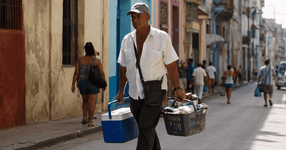 Vendedor ambulante recorriendo una calle de Cuba mientras el país estudia crear un carné oficial para regular esta actividad.