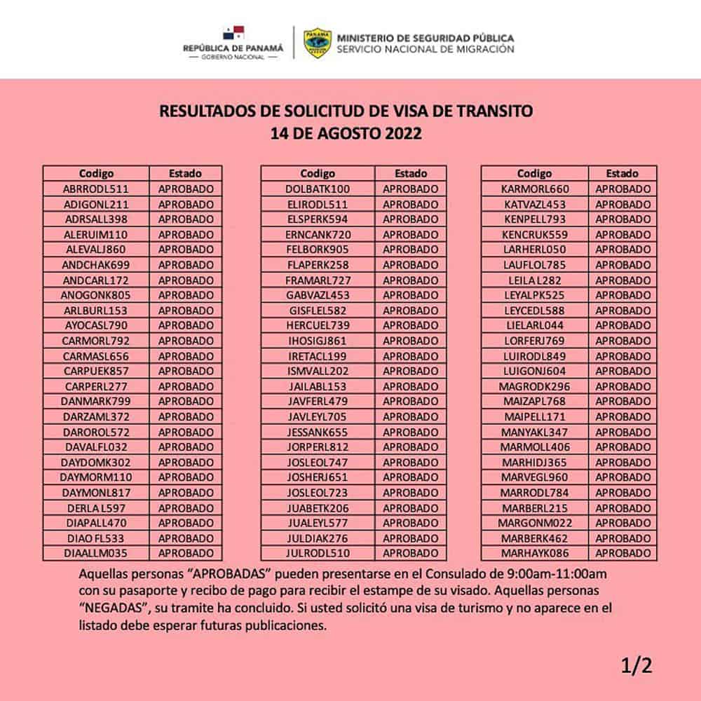 Visas de transito Panama 14 de agosto-1