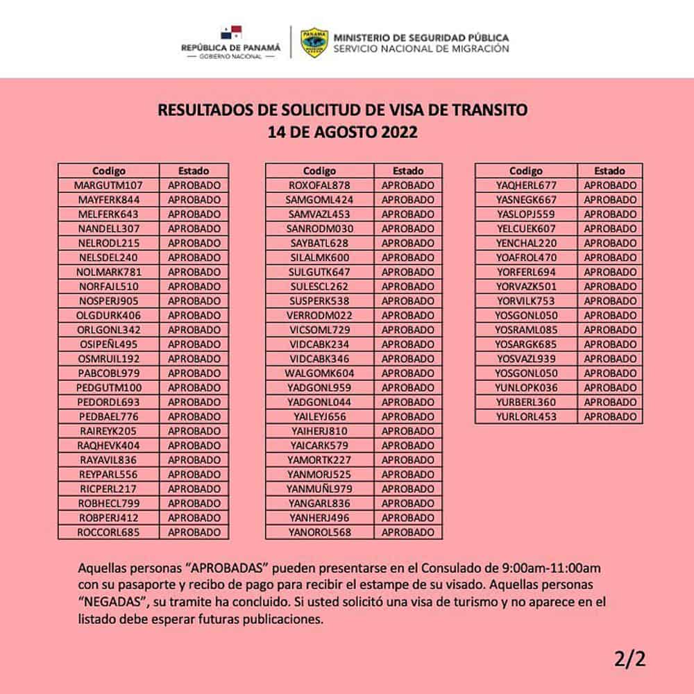 Visas de transito Panama 14 de agosto-2