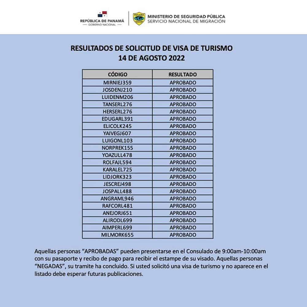 Visas de turismo Panama 14 de agosto