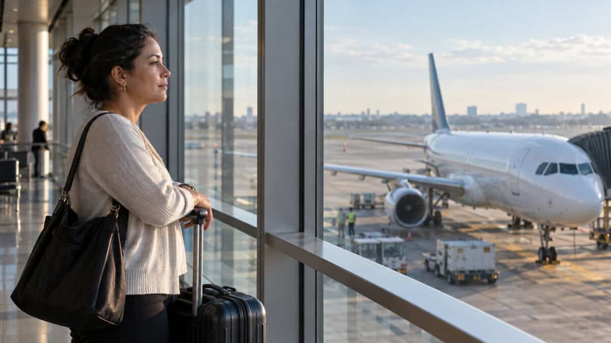 Mujer con una maleta observa un avión a través de los ventanales de una terminal aeroportuaria.