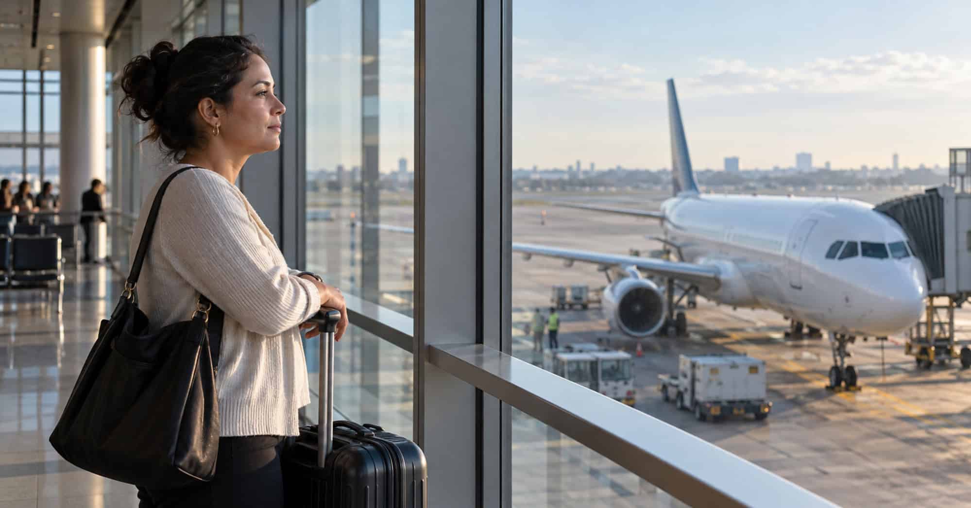 Mujer con una maleta observa un avión a través de los ventanales de una terminal aeroportuaria.