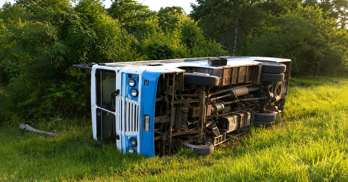 Ómnibus Diana volcado a un costado de la Carretera Central en Ciego de Ávila tras un accidente de tránsito.
