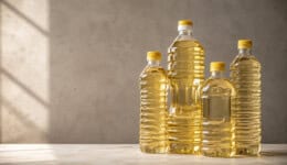Botellas de aceite de cocina de diferentes tamaños sobre una mesa