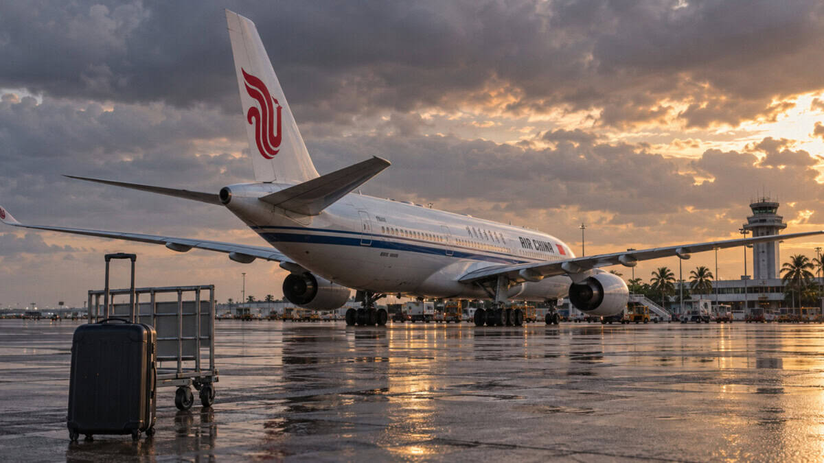 Recreación de un avión de Air China en una plataforma aeroportuaria tropical, con una maleta y un carrito en primer plano.
