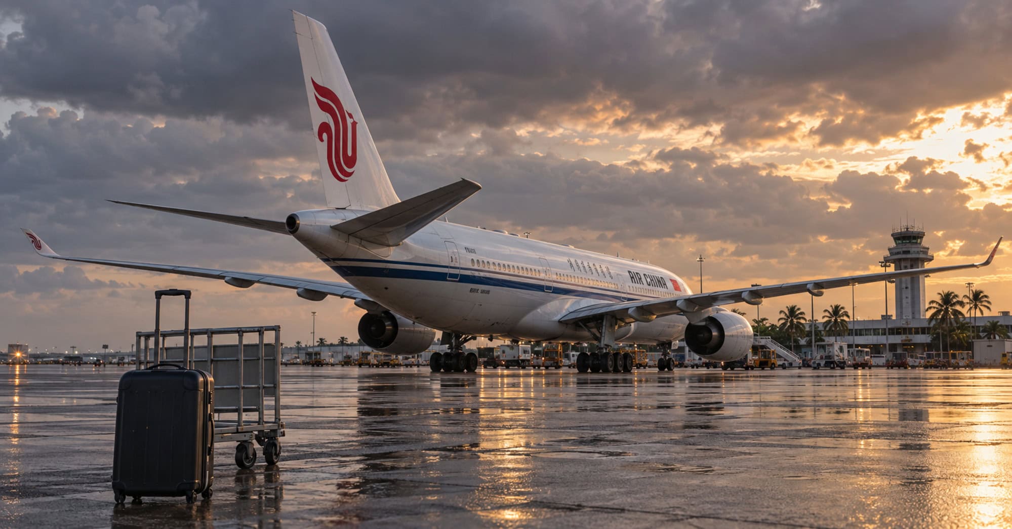 Recreación de un avión de Air China en una plataforma aeroportuaria tropical, con una maleta y un carrito en primer plano.
