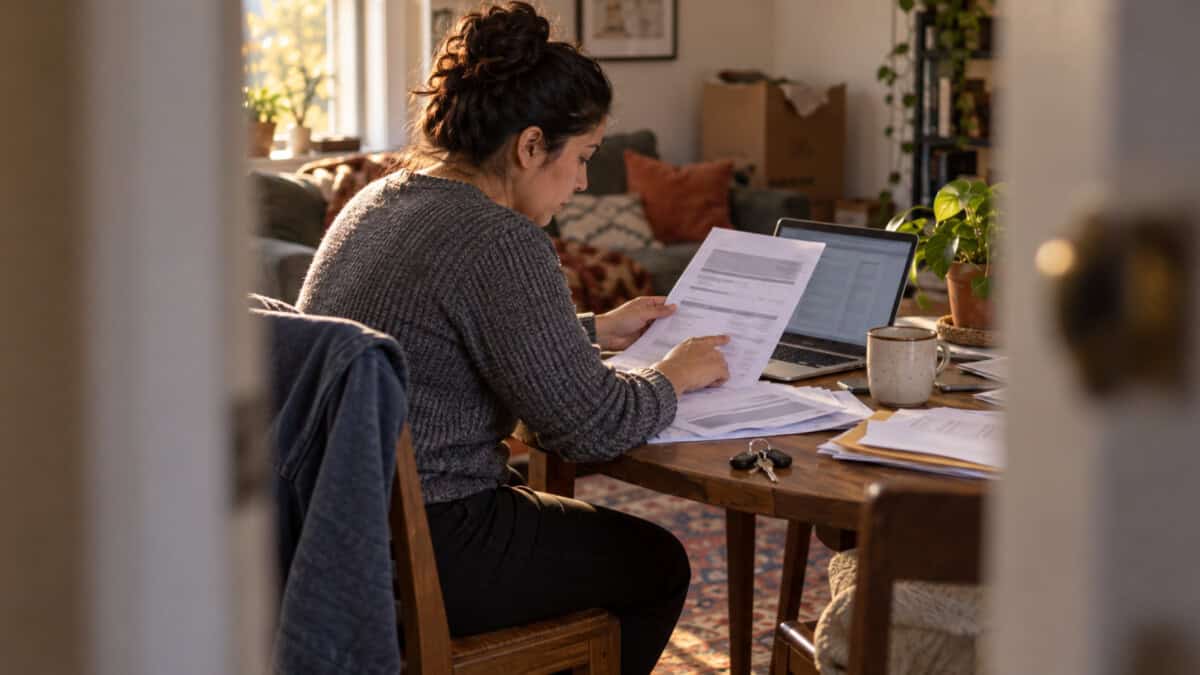 Persona latina revisando documentos de alquiler y comprobantes de ingresos en un apartamento de Estados Unidos