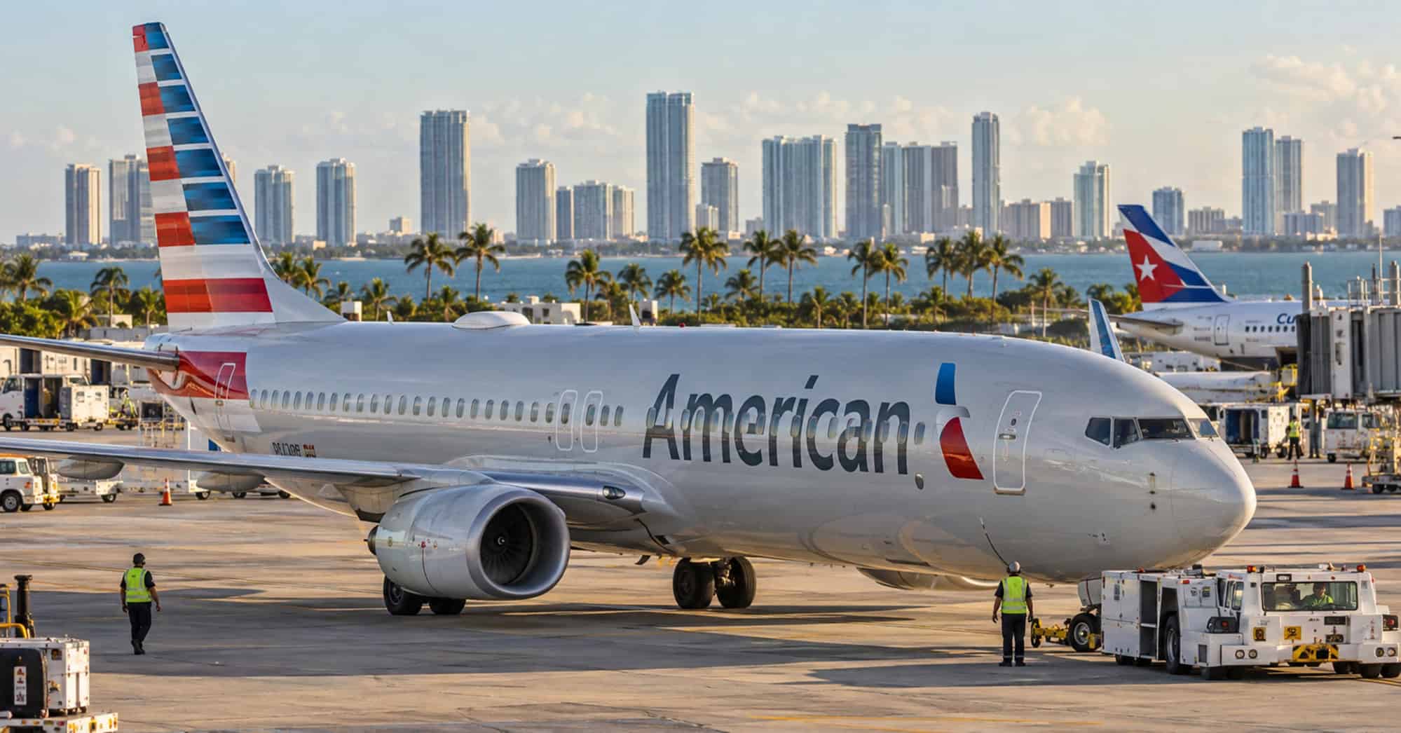 Avión de American Airlines en la plataforma de un aeropuerto internacional durante una mañana soleada.