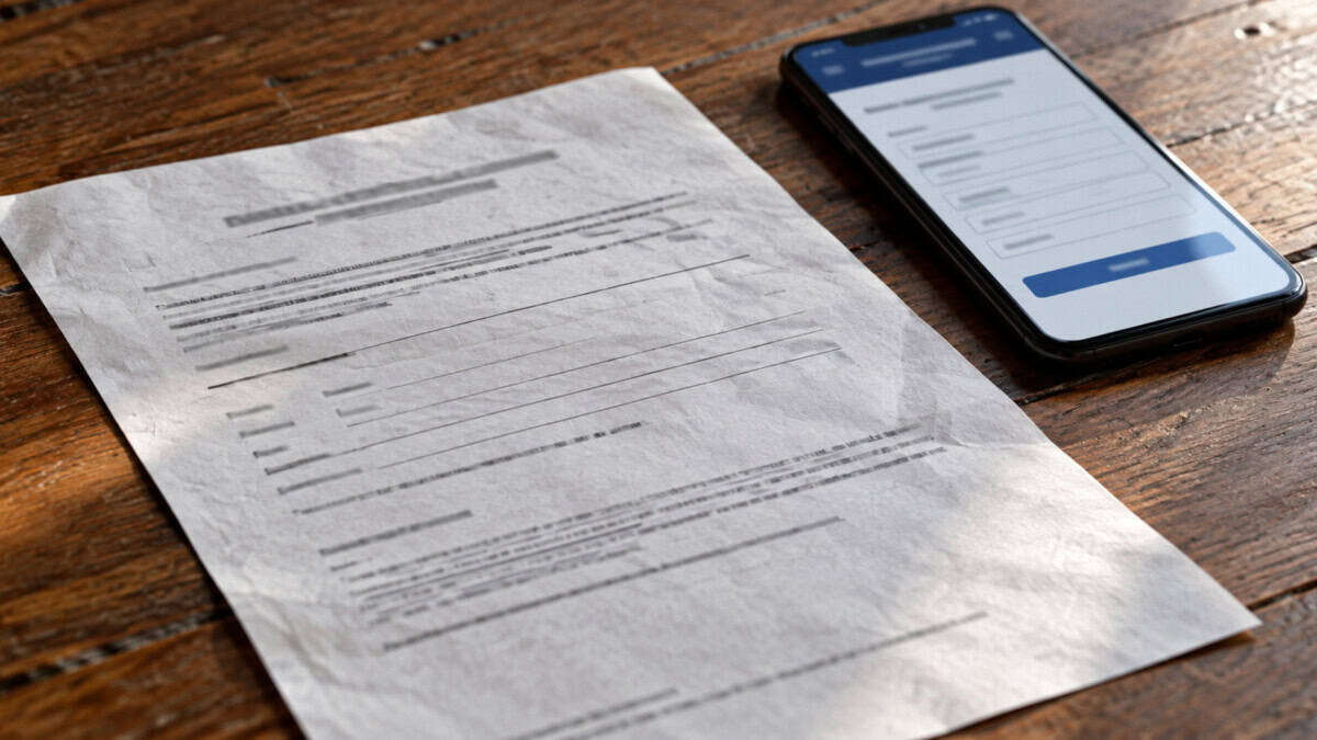 Representación conceptual de un certificado de antecedentes penales junto a un móvil con un formulario digital.