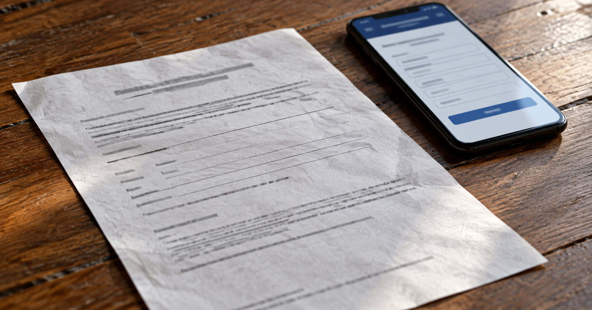 Representación conceptual de un certificado de antecedentes penales junto a un móvil con un formulario digital.