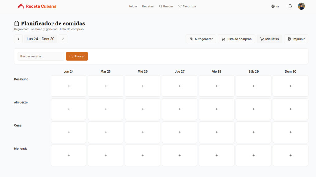 Planificador de menú semanal en la app de Receta Cubana con opciones de desayuno, almuerzo y cena