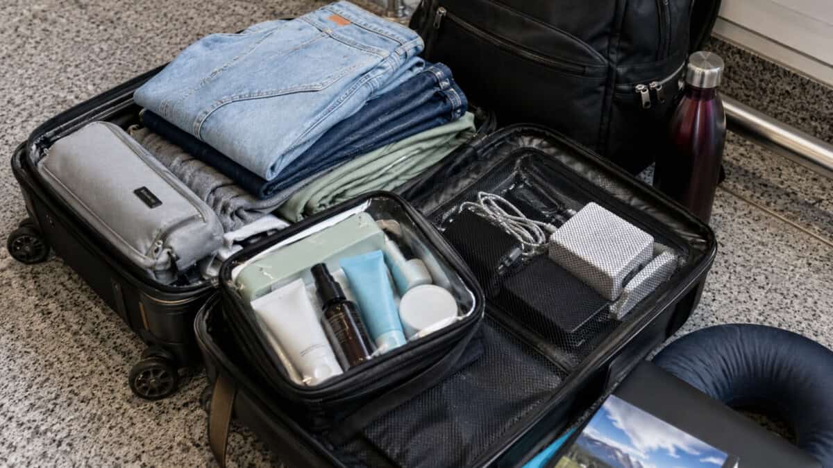 Maleta con ropa, artículos de aseo y objetos personales para viajar a Cuba