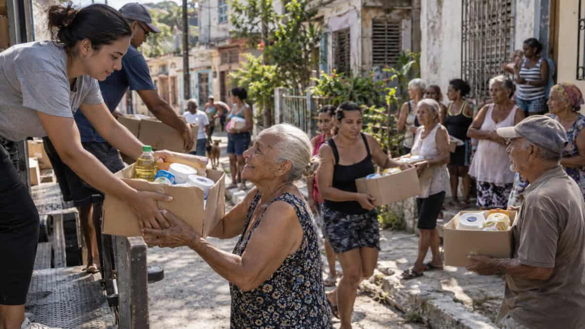Voluntarios entregan cajas con alimentos y productos básicos a adultos mayores y familias vulnerables en Cuba.