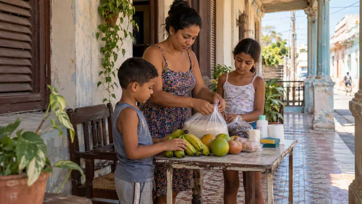 Madre cubana y sus dos hijos organizan alimentos básicos y artículos de higiene en el portal de una vivienda.