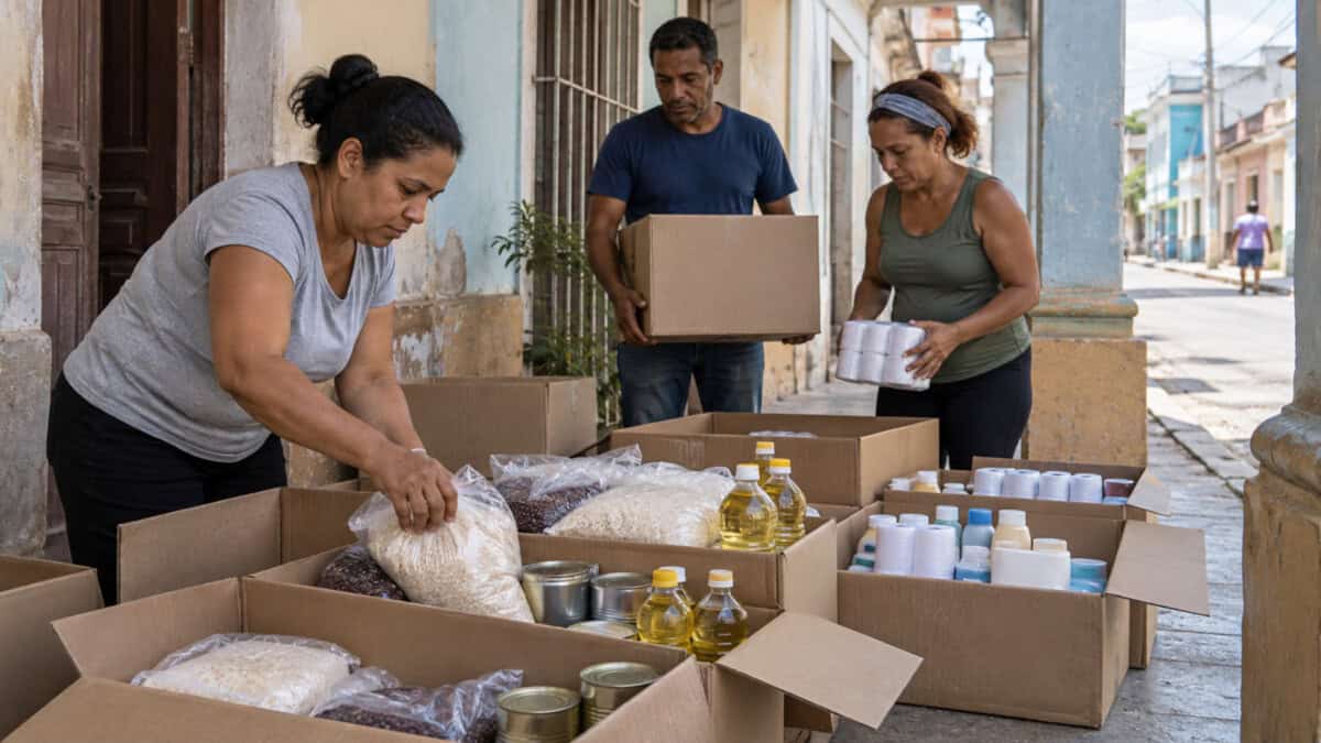 Voluntarios organizan cajas con arroz, frijoles, aceite, conservas y productos de higiene en un portal cubano.