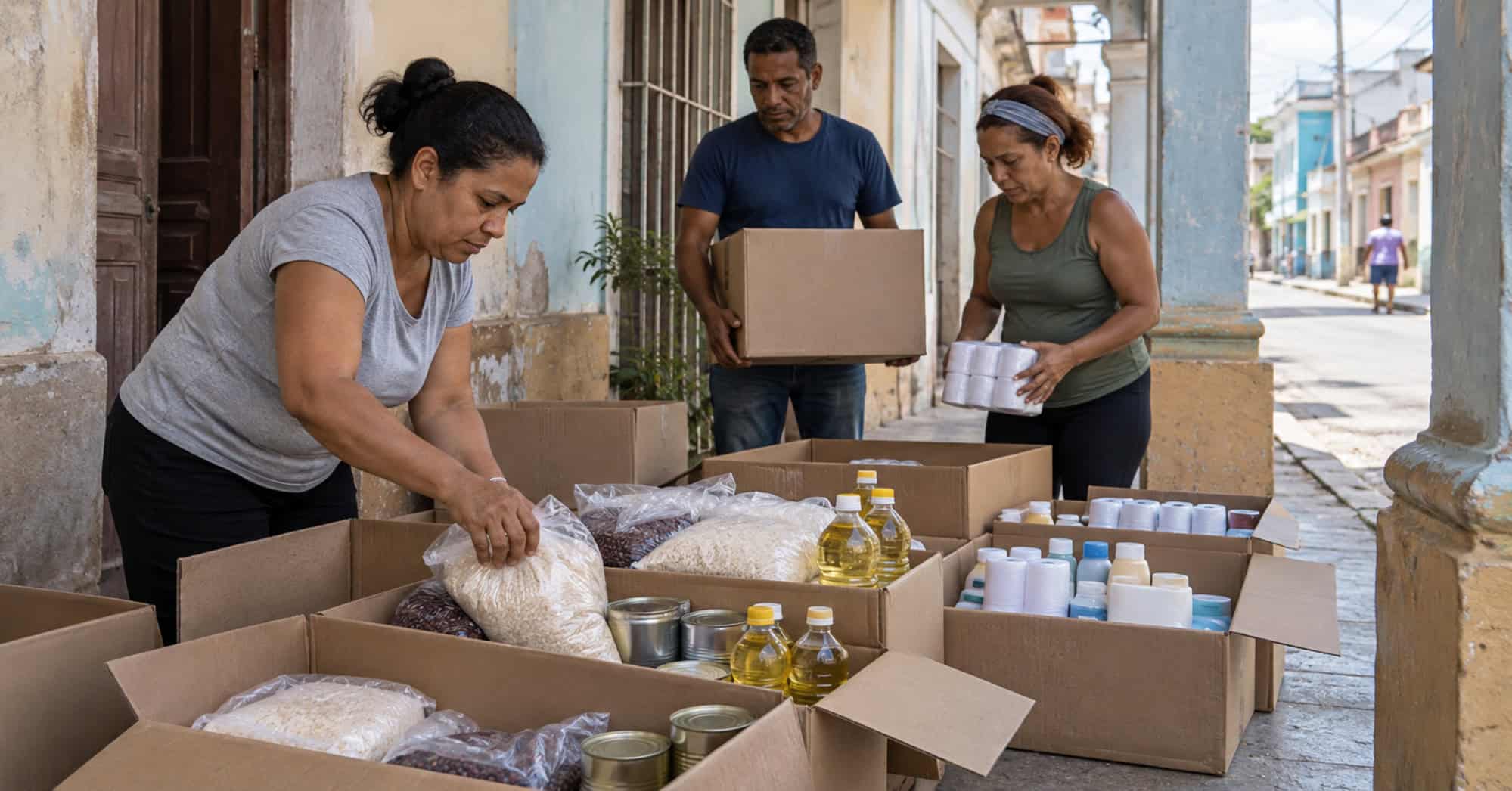 Voluntarios organizan cajas con arroz, frijoles, aceite, conservas y productos de higiene en un portal cubano.