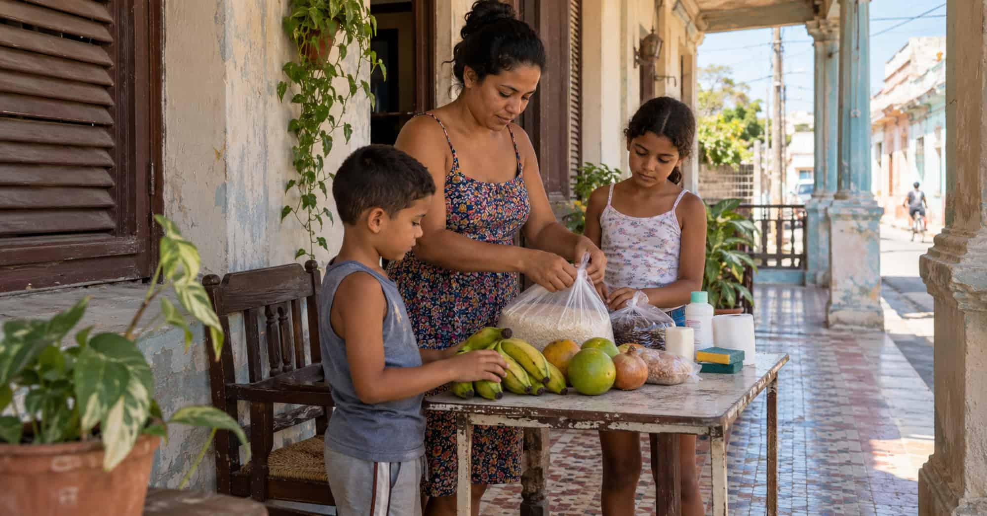 Madre cubana y sus dos hijos organizan alimentos básicos y artículos de higiene en el portal de una vivienda.
