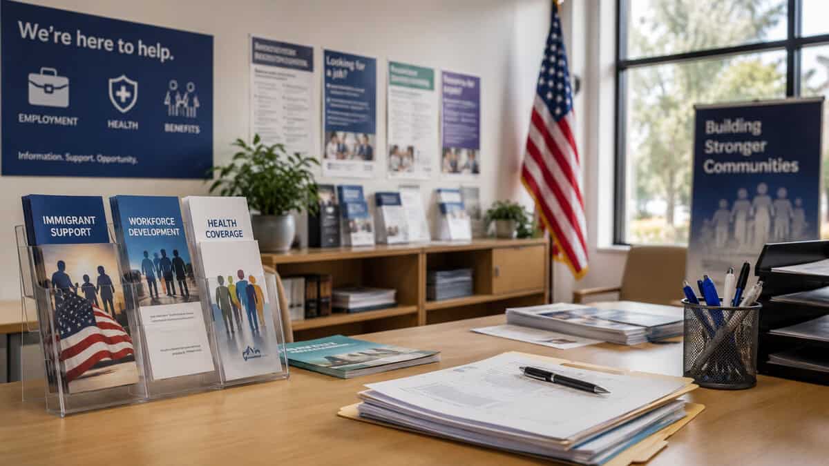 Oficina de asistencia para inmigrantes en Estados Unidos con documentos informativos sobre empleo, salud y beneficios públicos.