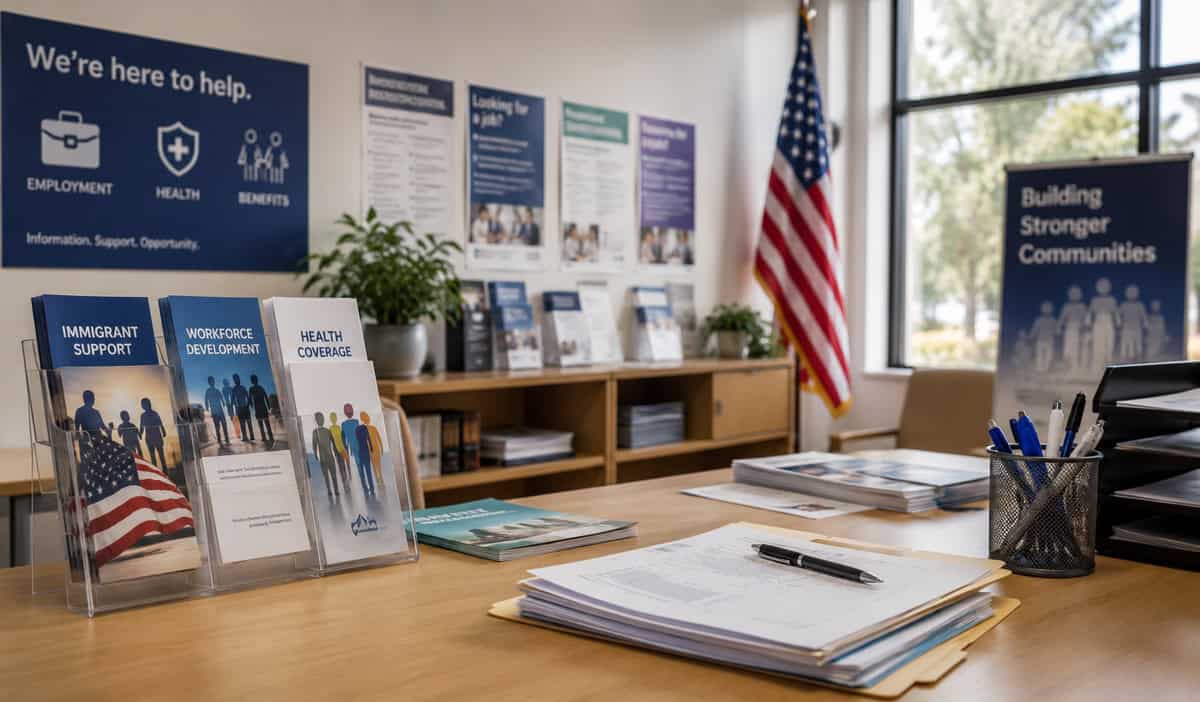Oficina de asistencia para inmigrantes en Estados Unidos con documentos informativos sobre empleo, salud y beneficios públicos.