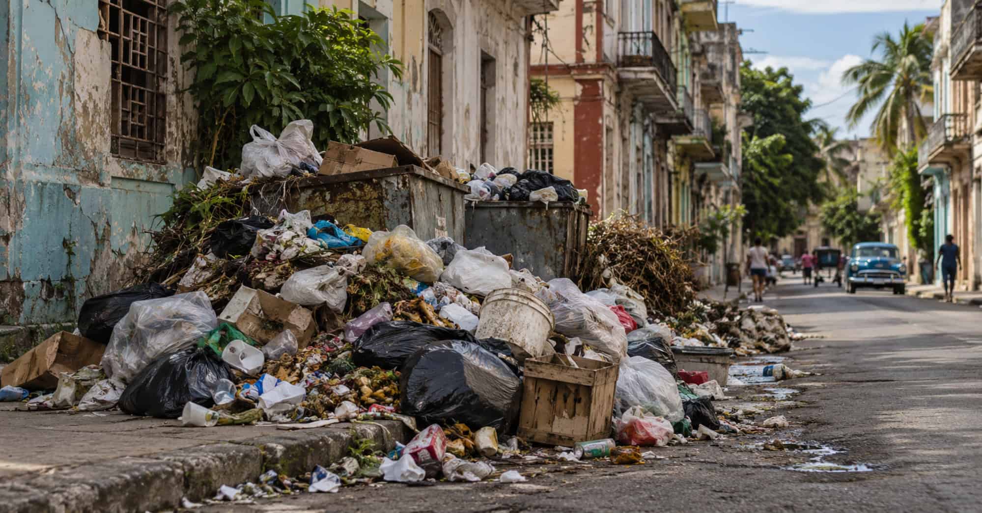 Bolsas, cartones y residuos sólidos acumulados junto a una calle deteriorada en una zona urbana de Cuba.