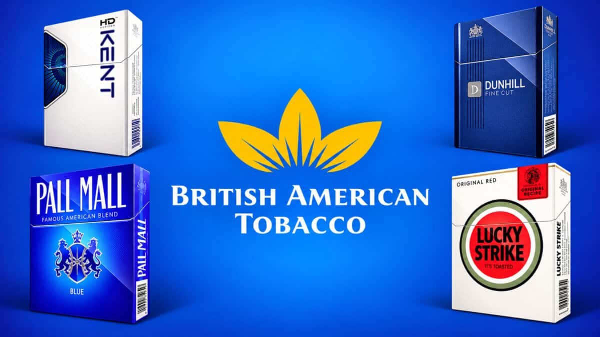 Logo de British American Tobacco en el centro, rodeado por cajas de Kent, Dunhill, Pall Mall y Lucky Strike sobre fondo azul