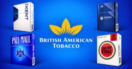 Logo de British American Tobacco en el centro, rodeado por cajas de Kent, Dunhill, Pall Mall y Lucky Strike sobre fondo azul