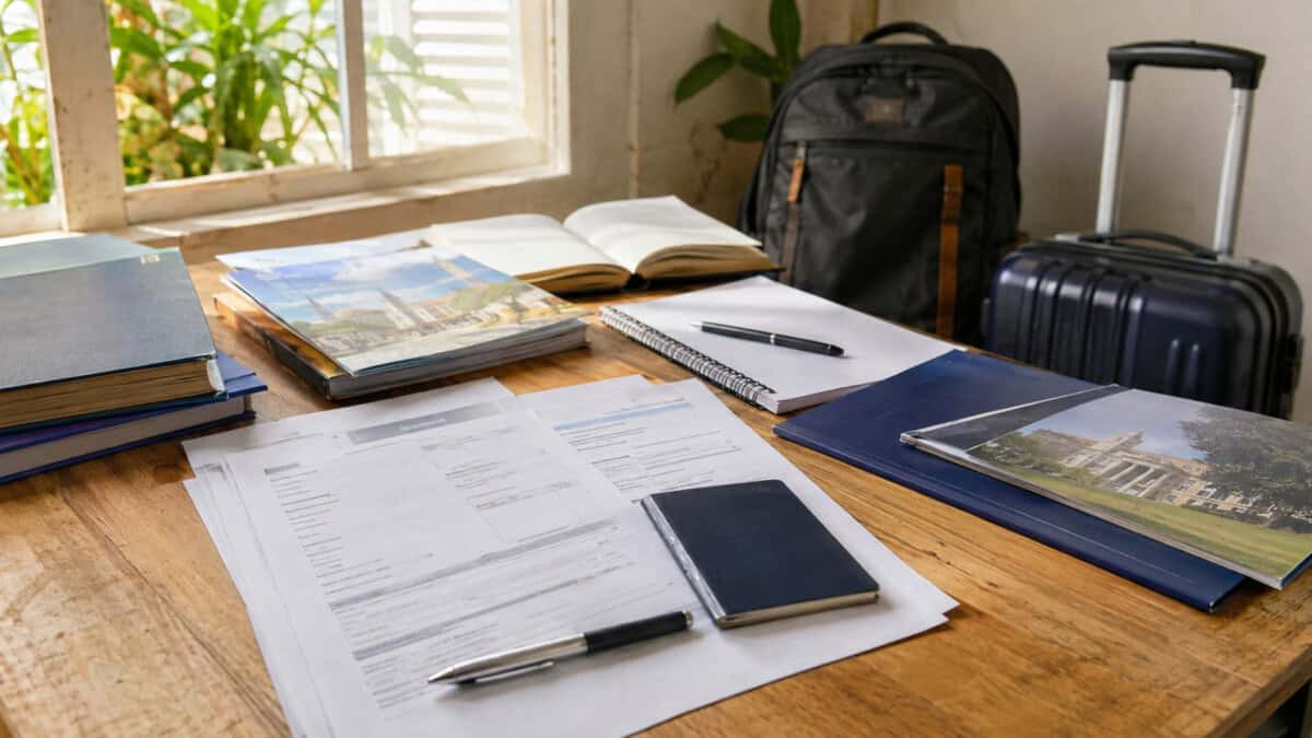 Documentos académicos, pasaporte y equipaje para solicitar becas internacionales desde Cuba en 2026.