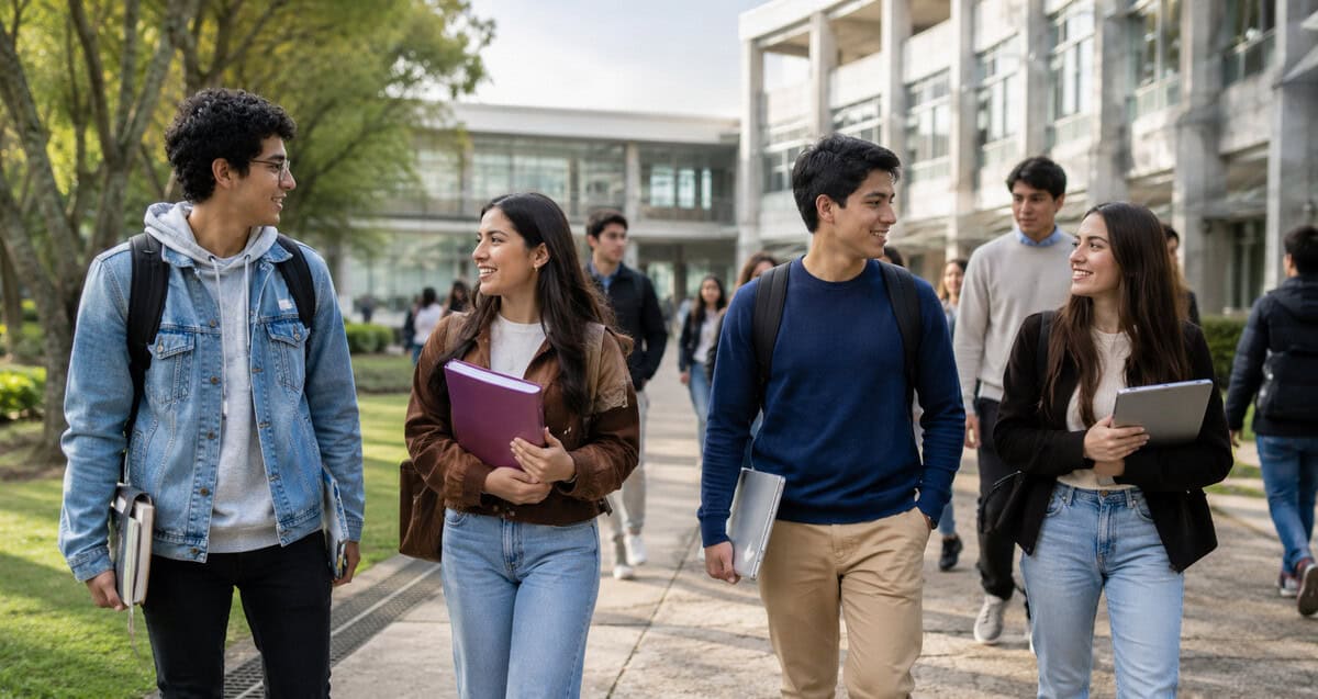 Estudiantes universitarios internacionales caminando por un campus universitario en México