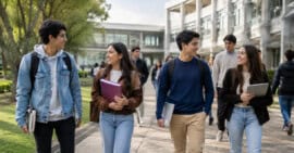 Estudiantes universitarios internacionales caminando por un campus universitario en México