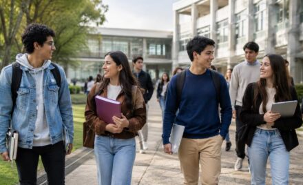 Estudiantes universitarios internacionales caminando por un campus universitario en México