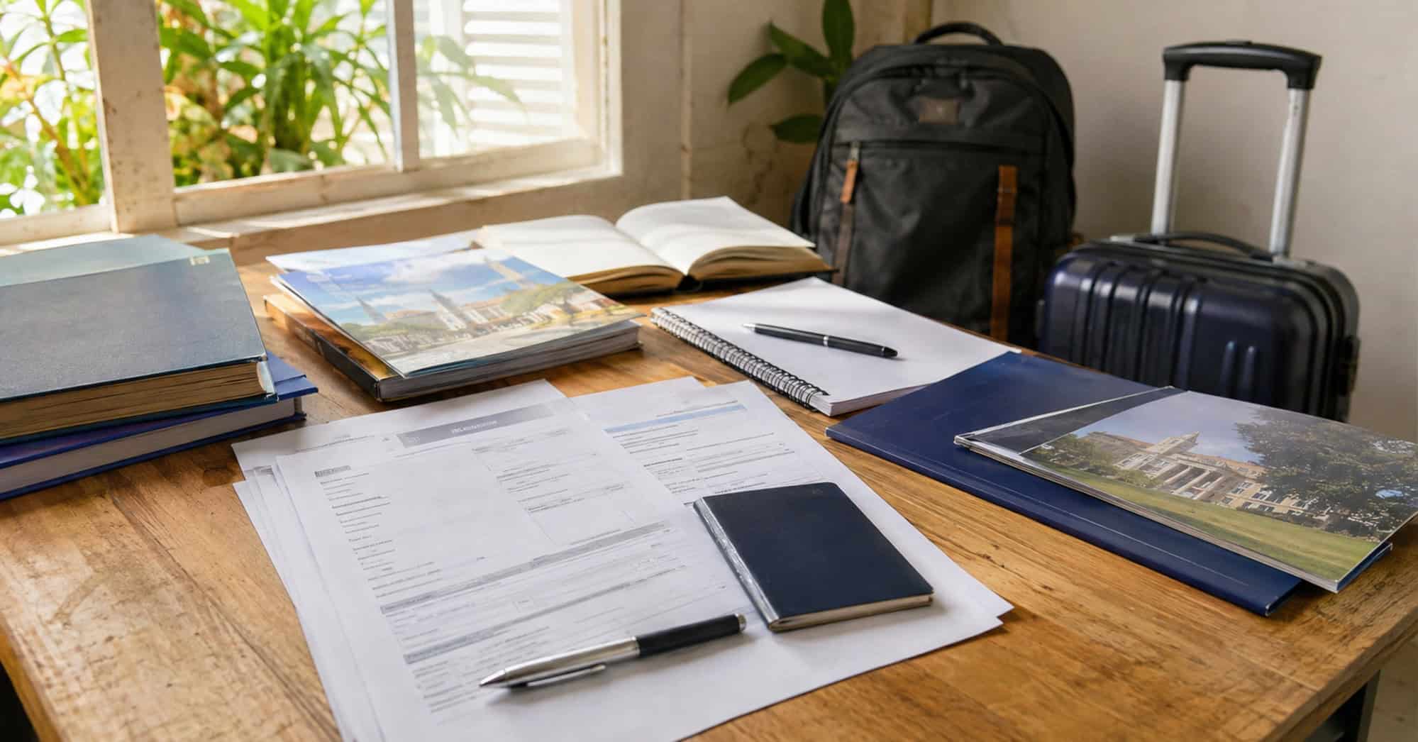 Documentos académicos, pasaporte y equipaje para solicitar becas internacionales desde Cuba en 2026.