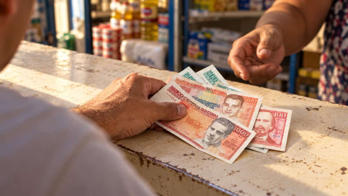 Una persona coloca billetes de pesos cubanos sobre el mostrador de un comercio.