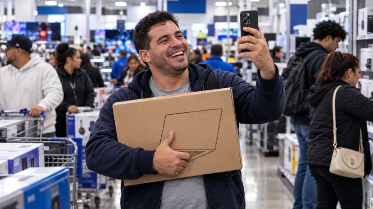 Hombre cubano sonríe con una computadora portátil en brazos mientras hace una videollamada desde una tienda de electrónica en Miami.