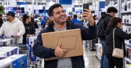 Hombre cubano sonríe con una computadora portátil en brazos mientras hace una videollamada desde una tienda de electrónica en Miami.