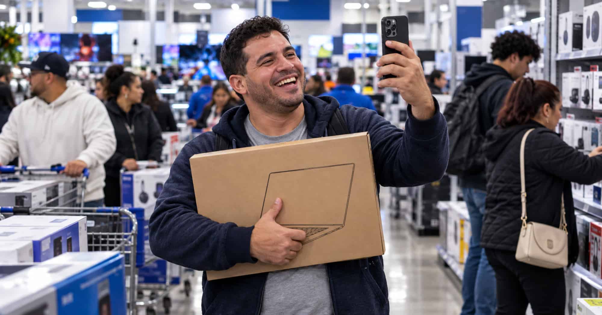Hombre cubano sonríe con una computadora portátil en brazos mientras hace una videollamada desde una tienda de electrónica en Miami.