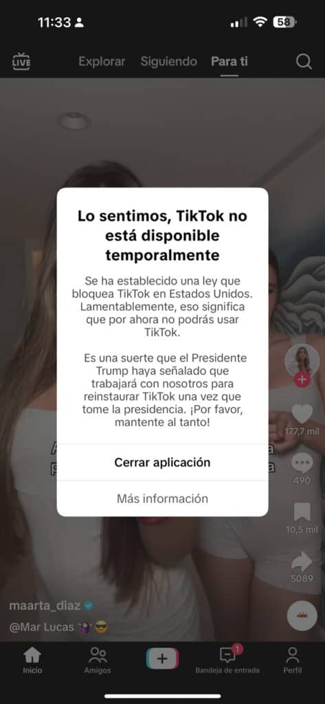 Mensaje de TikTok indicando que no está disponible temporalmente en Estados Unidos por razones legales.