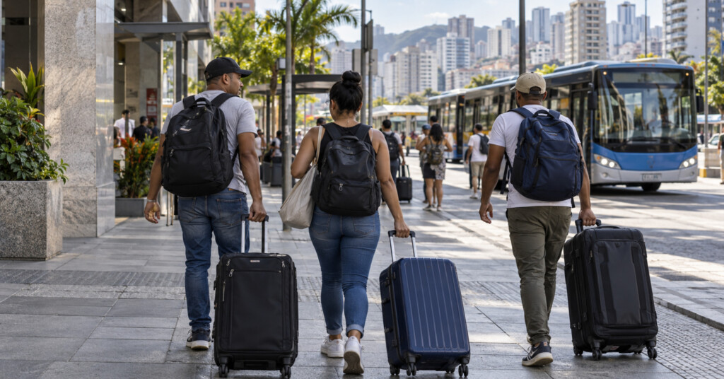 Tres viajeros con mochilas y maletas caminan por una ciudad brasileña junto a una parada de autobús.