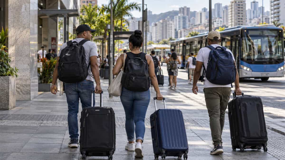 Tres viajeros con mochilas y maletas caminan por una ciudad brasileña junto a una parada de autobús.
