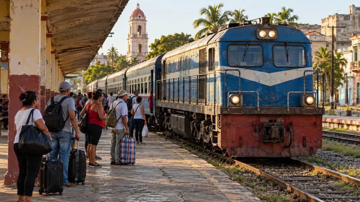 Imagen ilustrativa de un tren de pasajeros junto a un andén, con viajeros esperando con equipaje.