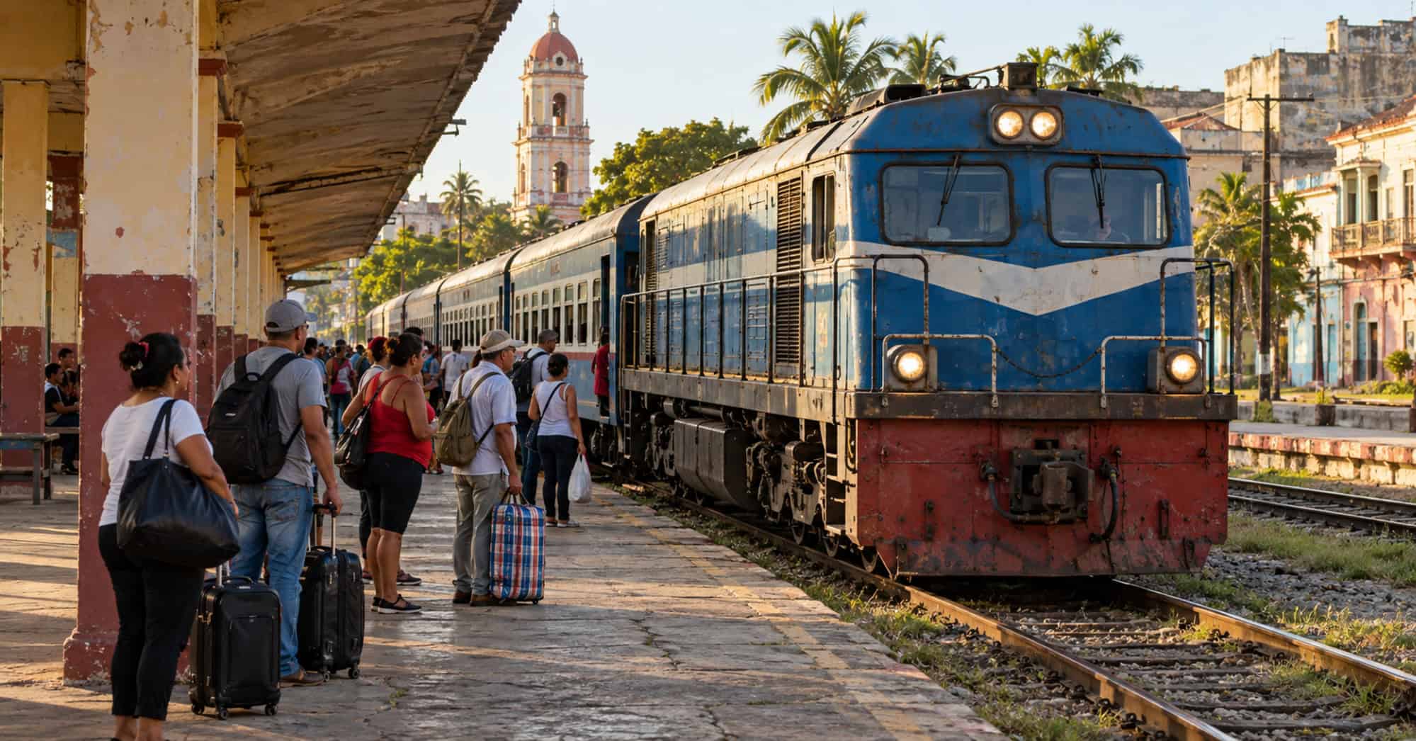 Imagen ilustrativa de un tren de pasajeros junto a un andén, con viajeros esperando con equipaje.