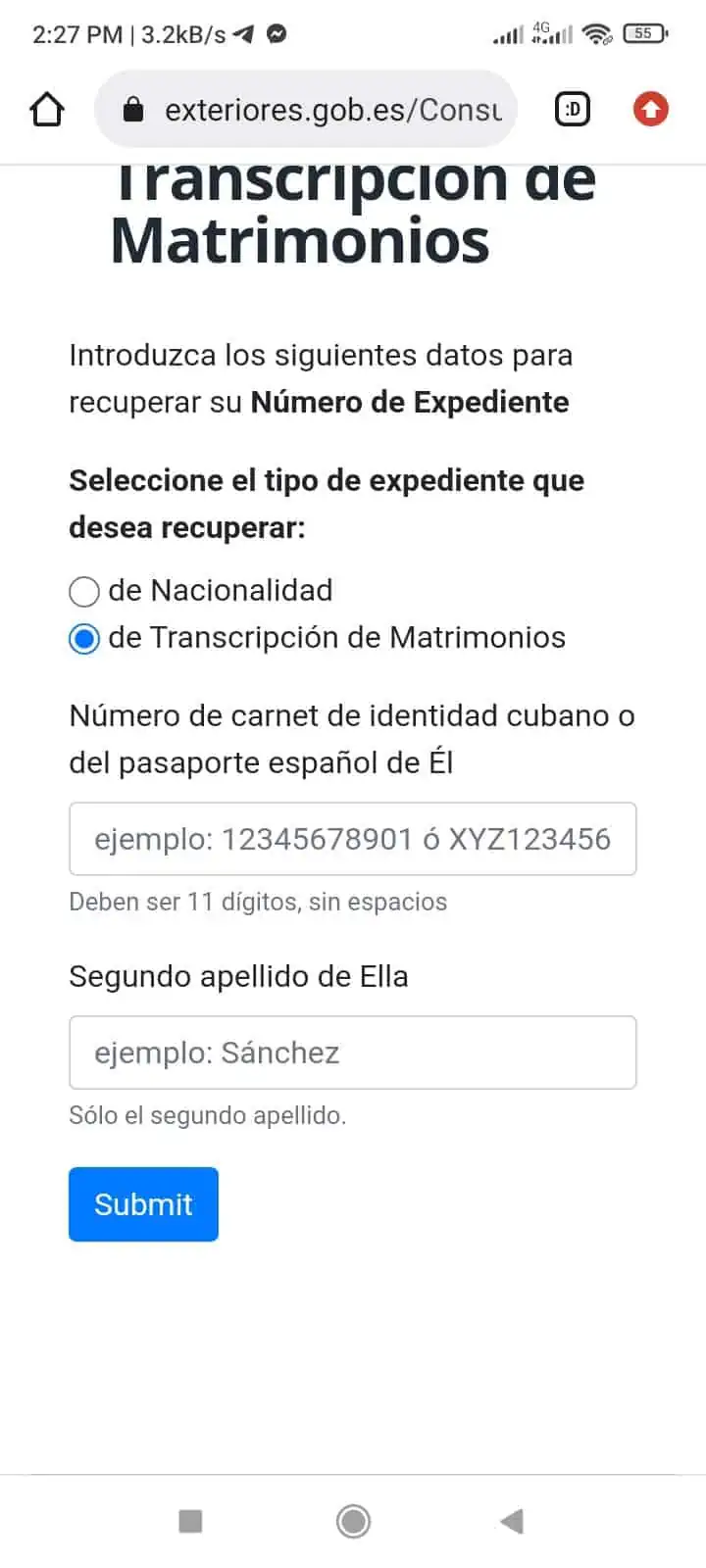 campo número de carné de identidad cubano o pasaporte español
