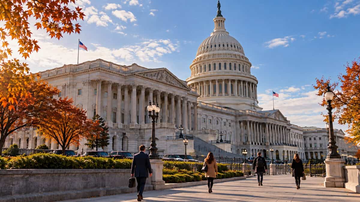Cuatro personas caminan frente al Capitolio de Estados Unidos, entre árboles otoñales y banderas estadounidenses.
