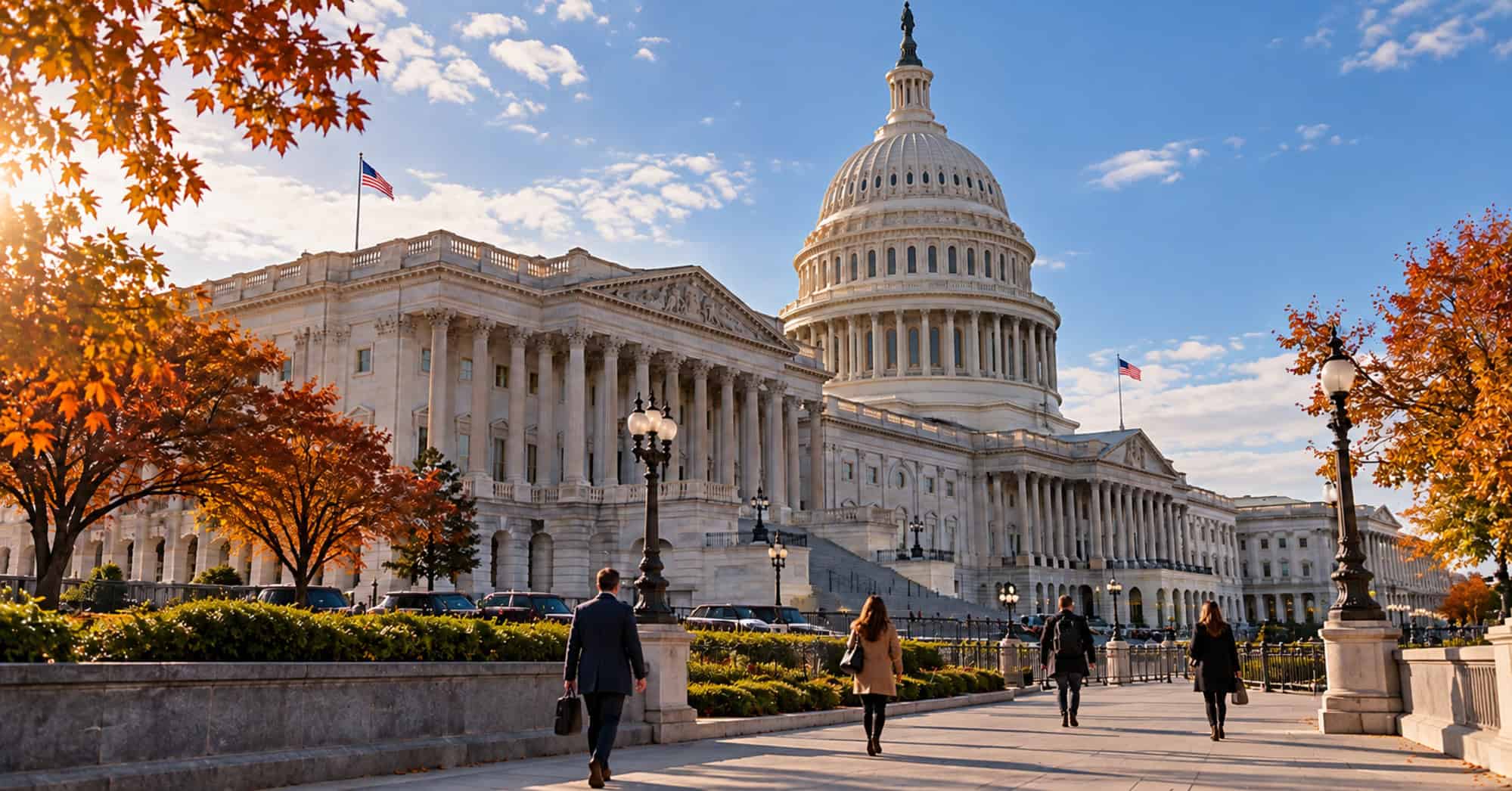 Cuatro personas caminan frente al Capitolio de Estados Unidos, entre árboles otoñales y banderas estadounidenses.
