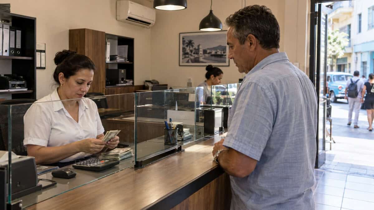 Empleada cuenta billetes mientras atiende a un cliente en una casa de cambio privada en Cuba.